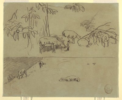 Dibujo, Dos vistas de ovejas pastando en un campo, probablemente 1875-78 de Winslow Homer