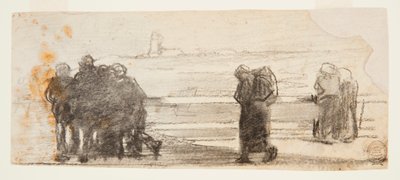 Figuras mirando la bahía y un pequeño bote, Cullercoats, Inglaterra de Winslow Homer