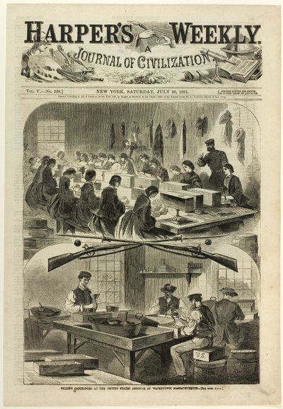 Llenado de cartuchos en el Arsenal de los Estados Unidos, en Watertown, Massachusetts de Winslow Homer