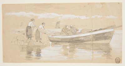 Pescador y mujeres guardando redes en un bote varado, Cullercoats, Inglaterra de Winslow Homer