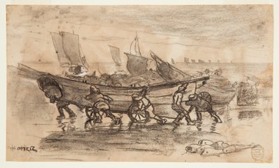 Pescadores varando un dory, Cullercoats, Inglaterra de Winslow Homer