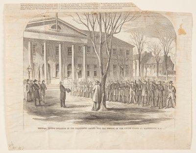 El general Thomas juramentando a los voluntarios llamados al servicio de los Estados Unidos en Washington D.C. de Winslow Homer