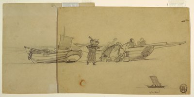 Hombres y mujeres descargando una dorna de pesca, Cullercoats, Inglaterra de Winslow Homer