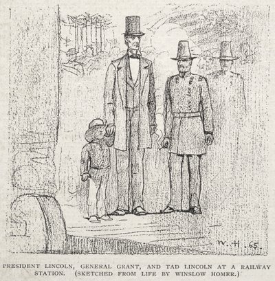 El presidente Lincoln, el general Grant y Tad Lincoln en una estación de tren de Winslow Homer