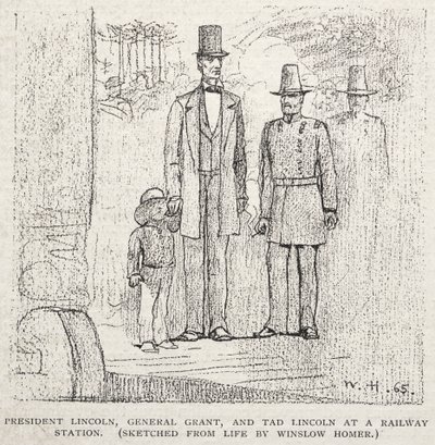 El presidente Lincoln, el general Grant y Tad Lincoln en una estación de tren, 1887 de Winslow Homer