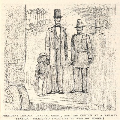 El presidente Lincoln, el general Grant y Tad Lincoln en una estación de ferrocarril, de The Century Magazine, noviembre de 1887. de Winslow Homer
