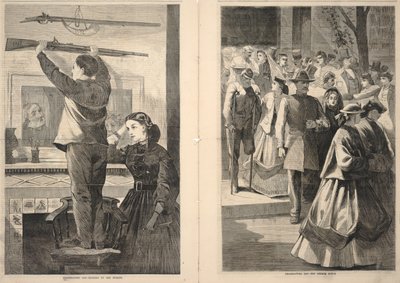Thanksgiving Day--Hanging up the Musket/Día de Acción de Gracias--The Church Porch, del Frank Leslie