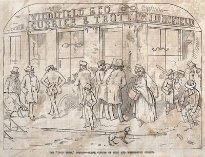 El término frío, Boston - Escena, esquina de Milk y Washington Streets, 1858 de Winslow Homer