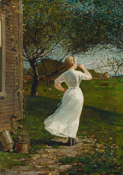 El cuerno de la cena (Soplando el cuerno en la costa) de Winslow Homer