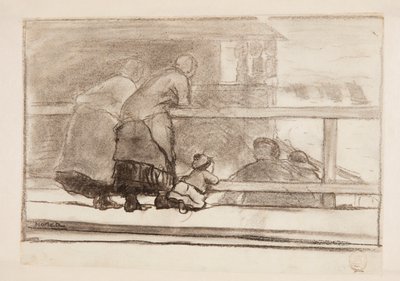 Dos mujeres y un niño en una barandilla, mirando la playa en Tynemouth de Winslow Homer