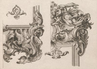 Sugerencia para la decoración de la parte inferior derecha y superior derecha de un marco de altar..., Impreso ca. 1750-56. de Wolffgang Christoph Mayr