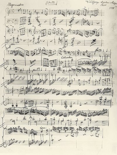Inicio de la Sonata para Piano en La Menor, KV310. Autógrafo de Wolfgang Amadeus Mozart