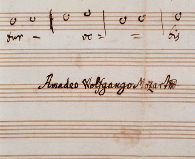 (detalle) Firma del compositor en la partitura de Querite primum regnum Dei de Mozart para obtener el título de Accademico filarmonico (1770) de Wolfgang Amadeus Mozart