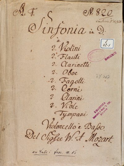 Primera página de partitura de la Sinfonía n.º 4 en Re, de Mozart de Wolfgang Amadeus Mozart