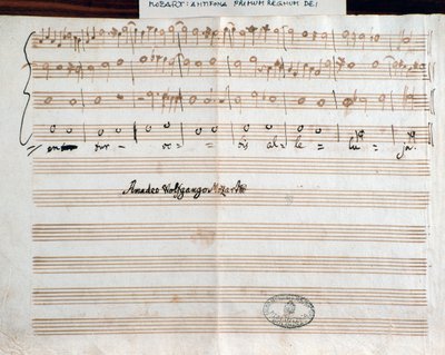 Página con la firma del compositor de Querite primum regnum Dei de Mozart para obtener el título de Accademico filarmonico (1770) de Wolfgang Amadeus Mozart
