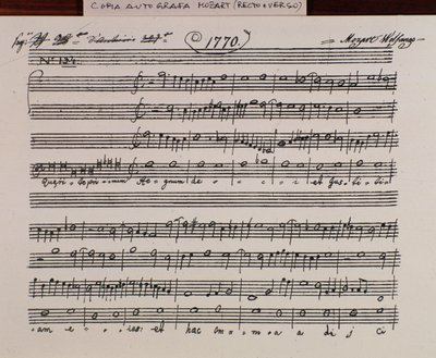 Página de partitura de Querite primum regnum Dei de Mozart para obtener el título de Accademia filarmonico, versión corregida por el padre Martini (1770) de Wolfgang Amadeus Mozart