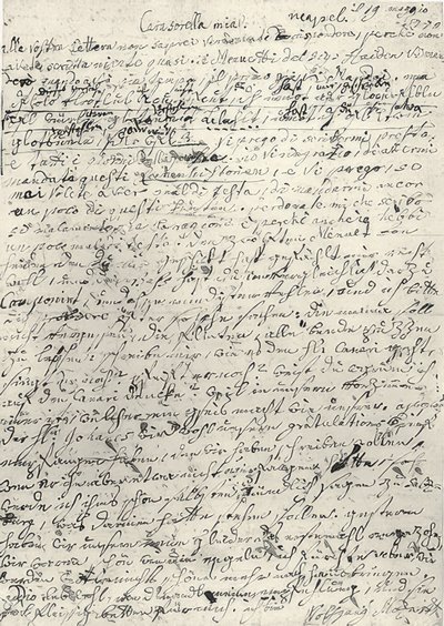Wolfgang Amadeus Mozart (1756-1791) compositor austríaco. Carta autógrafa a su hermana Nannerl. Nápoles 19 de marzo de 1770 de Wolfgang Amadeus Mozart