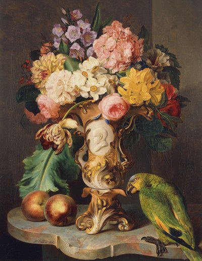 Naturaleza Muerta con un Jarrón de Flores Variadas, Duraznos y un Loro en un Ledge de Mármol de Wolfgang Küss