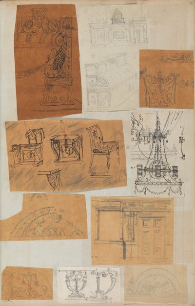 Página de un Álbum de Recortes con Dibujos y Varias Impresiones de Arquitectura, Int... de Workshop of Charles Percier, Workshop of Pierre