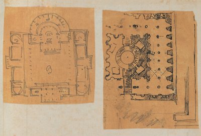 Página de un álbum de recortes que contiene dibujos y varias impresiones de arquitectura, Int..., ca. 1800-1850. Creadores: Taller de Charles Percier, Taller de Pierre François Léonard Fontaine de Workshop of Charles Percier, Workshop of Pierre