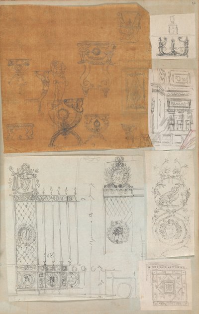 Página de un álbum de recortes que contiene dibujos y varias impresiones de arquitectura de Workshop of Charles Percier, Workshop of Pierre