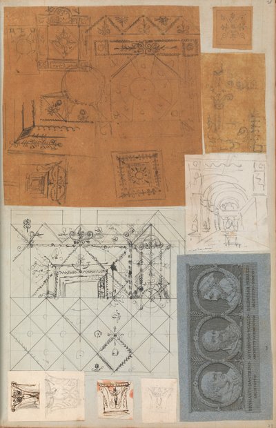 Página de un álbum de recortes que contiene dibujos y varias impresiones de arquitectura, ca. 1800-1850. Creadores: Taller de Charles Percier, Taller de Pierre François Léonard Fontaine de Workshop of Charles Percier, Workshop of Pierre