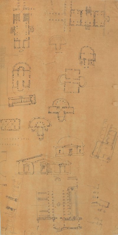 Página de un álbum de recortes que contiene dibujos y varias impresiones de arquitectura, ca. 1800-1850. Creadores: Taller de Charles Percier, Taller de Pierre François Léonard Fontaine de Workshop of Charles Percier, Workshop of Pierre
