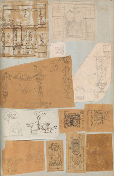 Página de un álbum de recortes que contiene dibujos y varias impresiones de arquitectura, ca. 1800-1850. Creadores: Taller de Charles Percier, Taller de Pierre François Léonard Fontaine de Workshop of Charles Percier, Workshop of Pierre