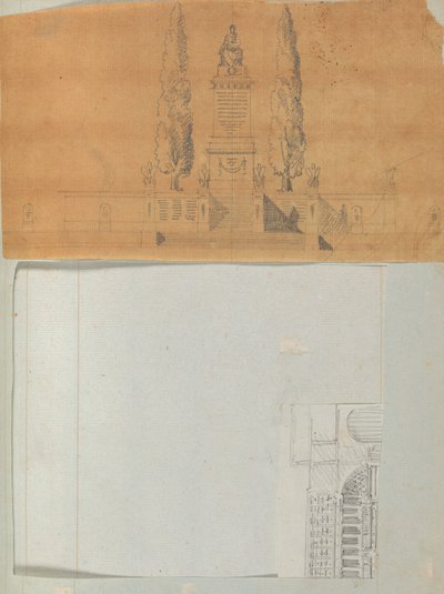 Página de un álbum de recortes que contiene dibujos y varias impresiones de arquitectura, ca. 1800-1850. Creadores: Taller de Charles Percier, Taller de Pierre François Léonard Fontaine de Workshop of Charles Percier, Workshop of Pierre