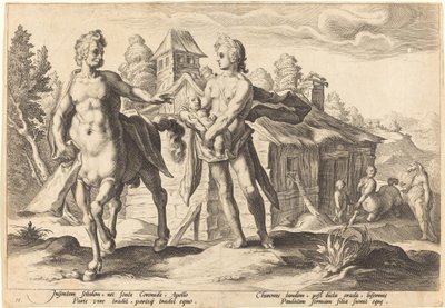 Apolo confiando a Quirón la educación de Asclepio de Workshop of Hendrick Goltzius, after Hendrick Goltzius
