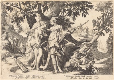 Júpiter disfrazado de Diana seduce a Calisto de Workshop of Hendrick Goltzius, after Hendrick Goltzius