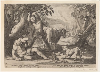 Paisaje con Mercurio levantando su espada para matar a un Argos dormido de Workshop of Hendrick Goltzius, after Hendrick Goltzius