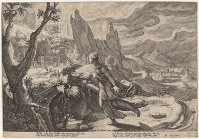 Thisbe asustada por el león de Workshop of Hendrick Goltzius, after Hendrick Goltzius