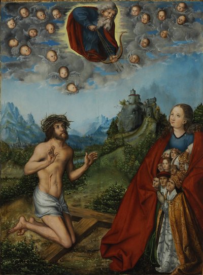 Cristo y la Virgen intercediendo por la humanidad ante Dios Padre (Las Tres Plagas) de workshop of Lucas Cranach the Elder