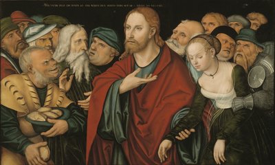 Alemán: Christus und die Ehebrecherin Cristo y la mujer sorprendida en adulterio de workshop of Lucas Cranach the Elder