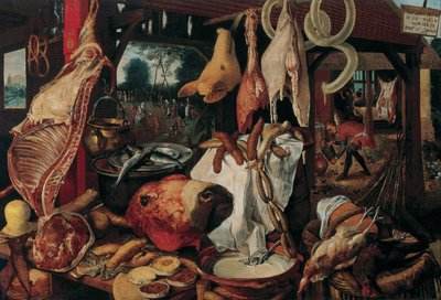 Naturaleza muerta con carne y la Sagrada Familia de Workshop of Pieter Aertsen