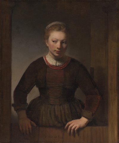 Mujer joven ante una puerta medio abierta de Workshop of Rembrandt van Rijn