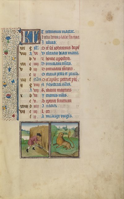 Un hombre cosechando; signo zodiacal de Leo de Workshop of Willem Vrelant