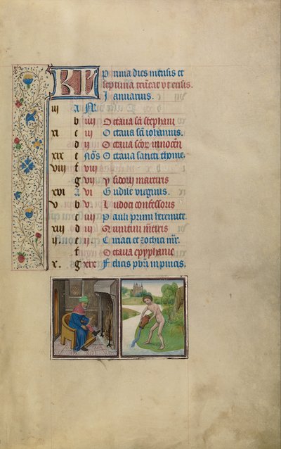 Un hombre calentándose junto al fuego; signo zodiacal de Acuario de Workshop of Willem Vrelant
