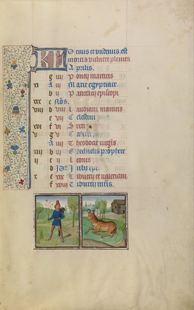 Un joven llevando una rama frondosa; signo zodiacal de Tauro de Workshop of Willem Vrelant