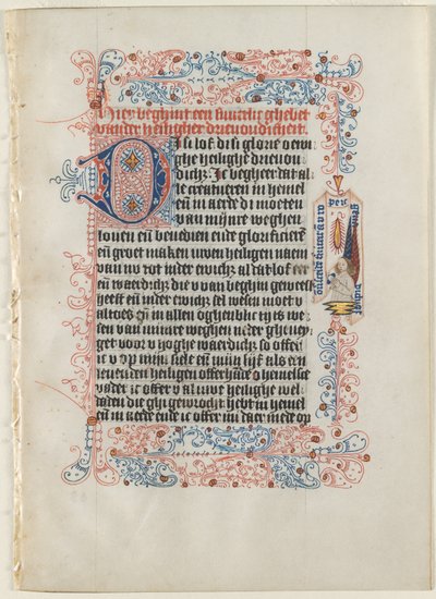 Hoja extraída de un Libro de Horas: Ángel con una banderola dentro de un borde florecido de Workshop of the Convent of St.