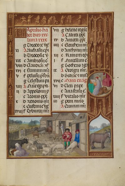 Animales de granja, ordeño y fabricación de mantequilla; signo zodiacal de Tauro de Workshop of the Master of James IV of Scotland