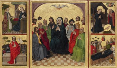 Retablo del Espíritu Santo abierto. Pentecostés, Anunciación, Natividad, Resurrección de Cristo y Muerte de la Virgen, c. 1448 de Workshop of the Wolfgang Retable