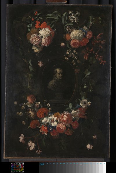 Busto esculpido y fingido del beato Jerónimo Werdanus, con una cartela de piedra fingida, decorada con un collar y dos ramos de flores de Wouter Gysaerts