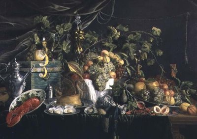 Bodegón con frutas, un pastel de faisán y una langosta de Wouter Mertens