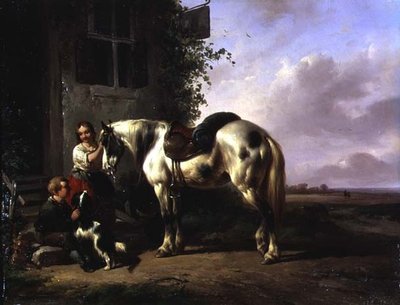 Exterior de una posada con niña, niño, perro, caballo de Wouterus Verschuur