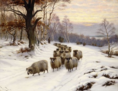 Un pastor y su rebaño en un camino en invierno de Wright Barker