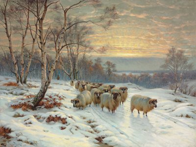 Un pastor con su rebaño en un paisaje invernal de Wright Barker