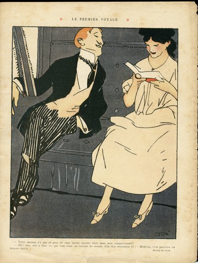 Ilustración de Xavier Gose (1876-1915) en Le Lire, 27/08/10 - El primer viaje - Tren, Moda masculina, Adulterio de Xavier Gose