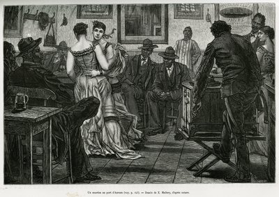 Un músico en el puerto de Amberes, donde los marineros pueden beber y bailar al sonido del órgano espinoso. Grabado por X.Mellery, para ilustrar la historia de Bélgica, por Camille Lemonnier, publicado en el Tour du monde, editado por Edouard Charton (1807 de Xavier Mellery